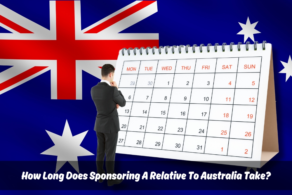 A man looks at a calendar with an Australian flag in the background, wondering how long it takes to sponsor a relative to Australia.