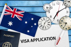 Visualising a smooth journey for sponsoring a relative to Australia. Australian visa application form with a flag, passport, pen, and clocks representing efficiency and preparation.