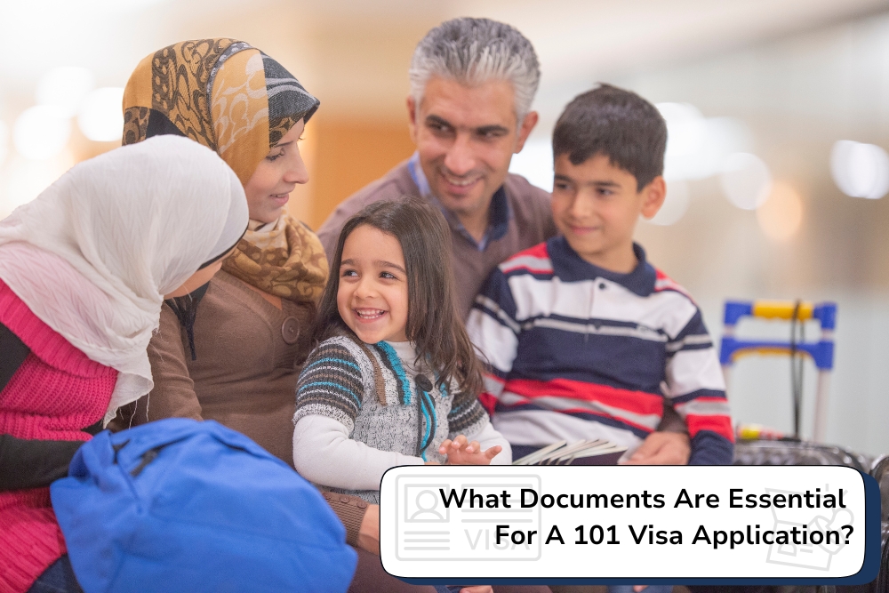 A happy family at an airport discusses essential documents for a 101 visa application.