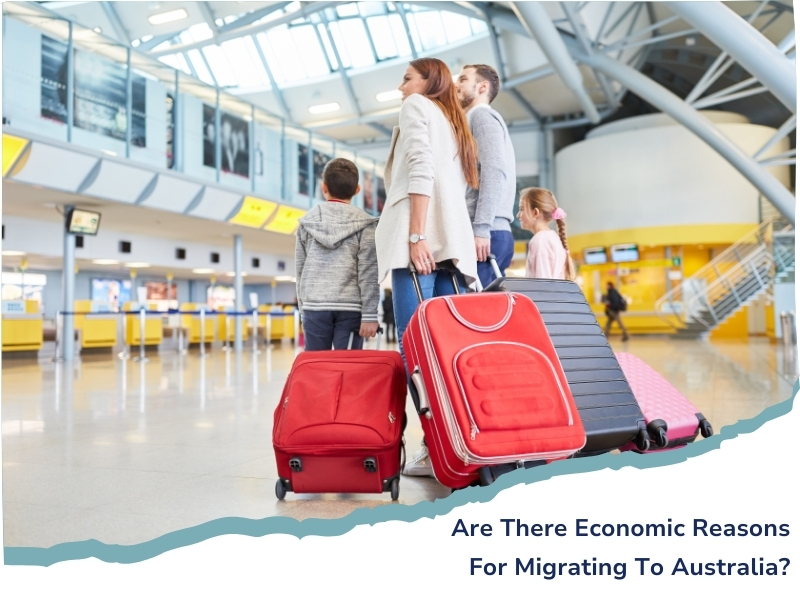 Family with luggage at an airport, symbolising migration, highlighting the economic reasons to migrate to Australia.