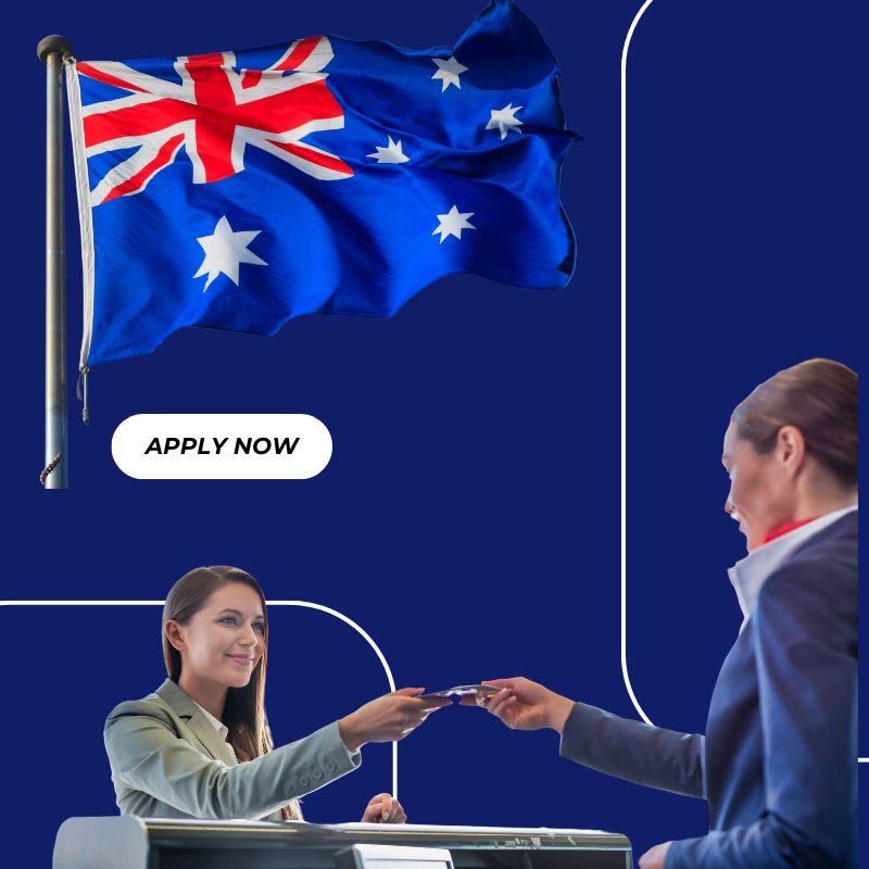 Immigration agent in Airdsassisting client with visa application, Australian flag in background, symbolising professional migration services. Apply now.