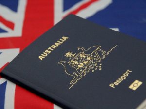 Australian visa application with the Australian flag in the background, representing the child visa application process.